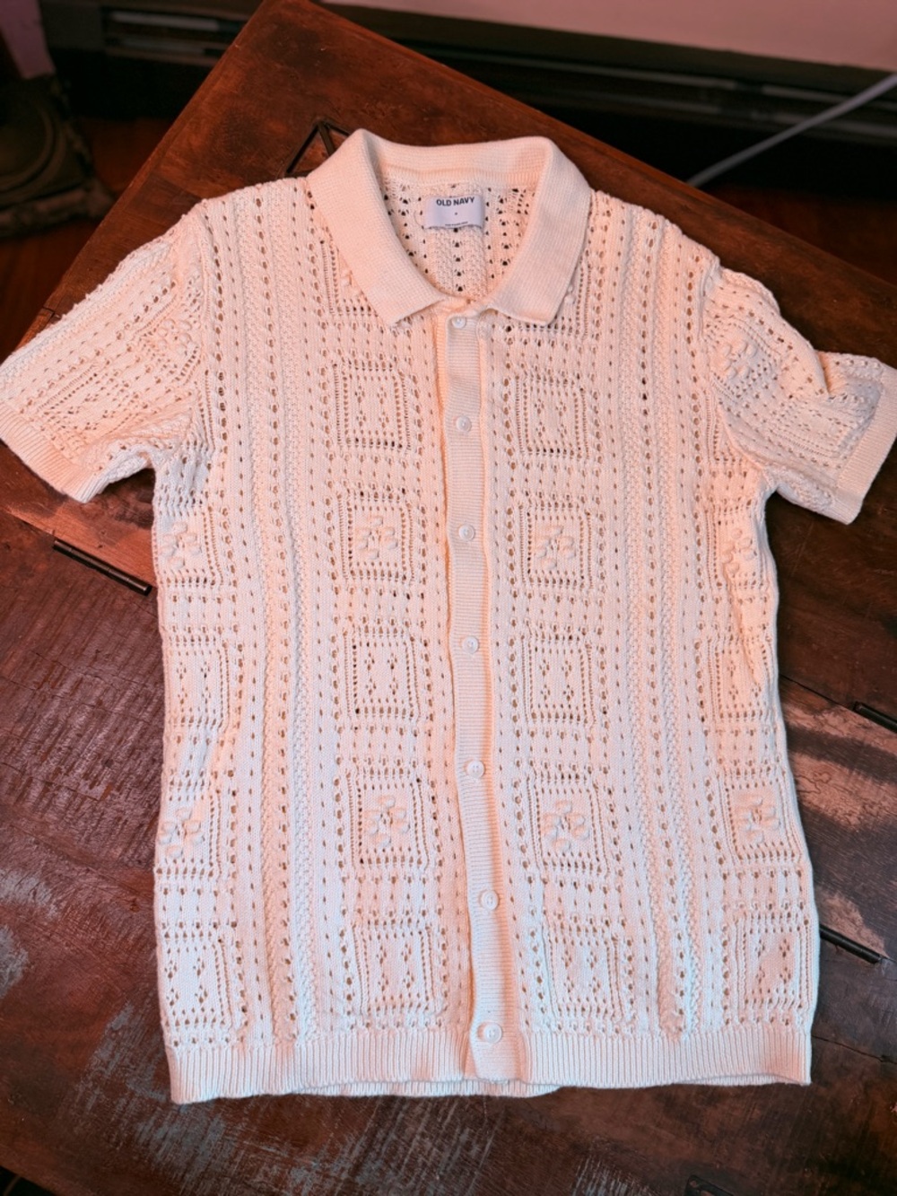 Old Navy Cream Crochet Button-Front Polo Sweater
